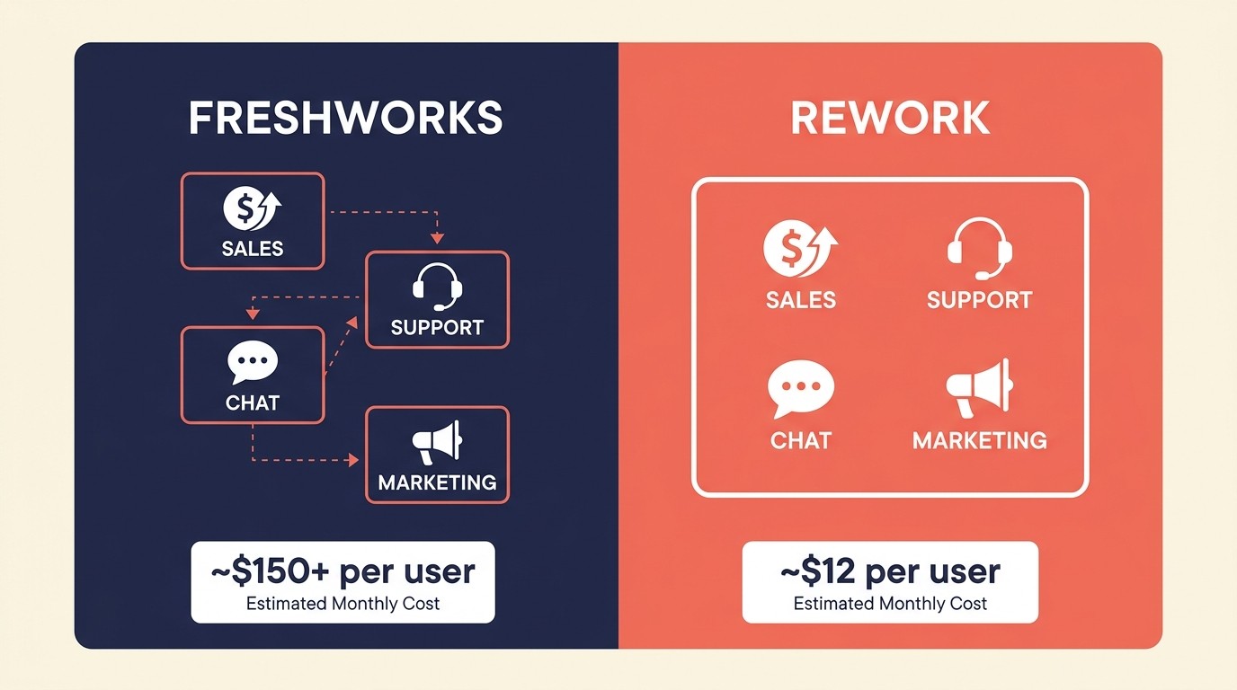 Side-by-side comparison of Rework unified platform versus Freshworks fragmented product lineup