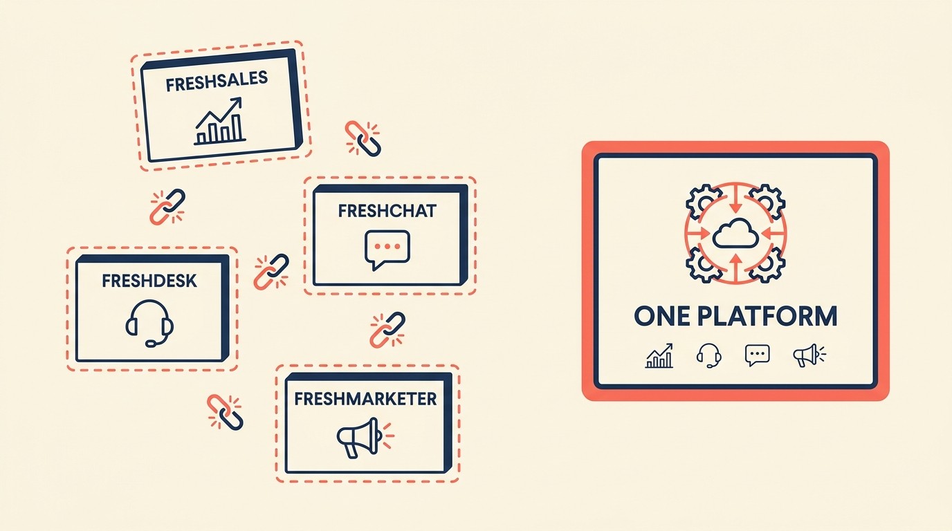 Diagram showing Freshworks product fragmentation: Freshsales, Freshdesk, Freshchat, Freshmarketer as four disconnected silos