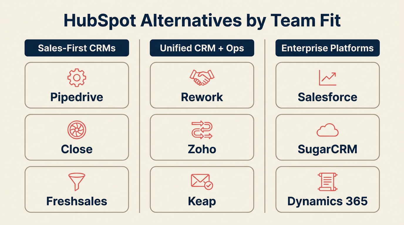 Side-by-side comparison matrix of 12 HubSpot alternatives showing pricing and key strengths