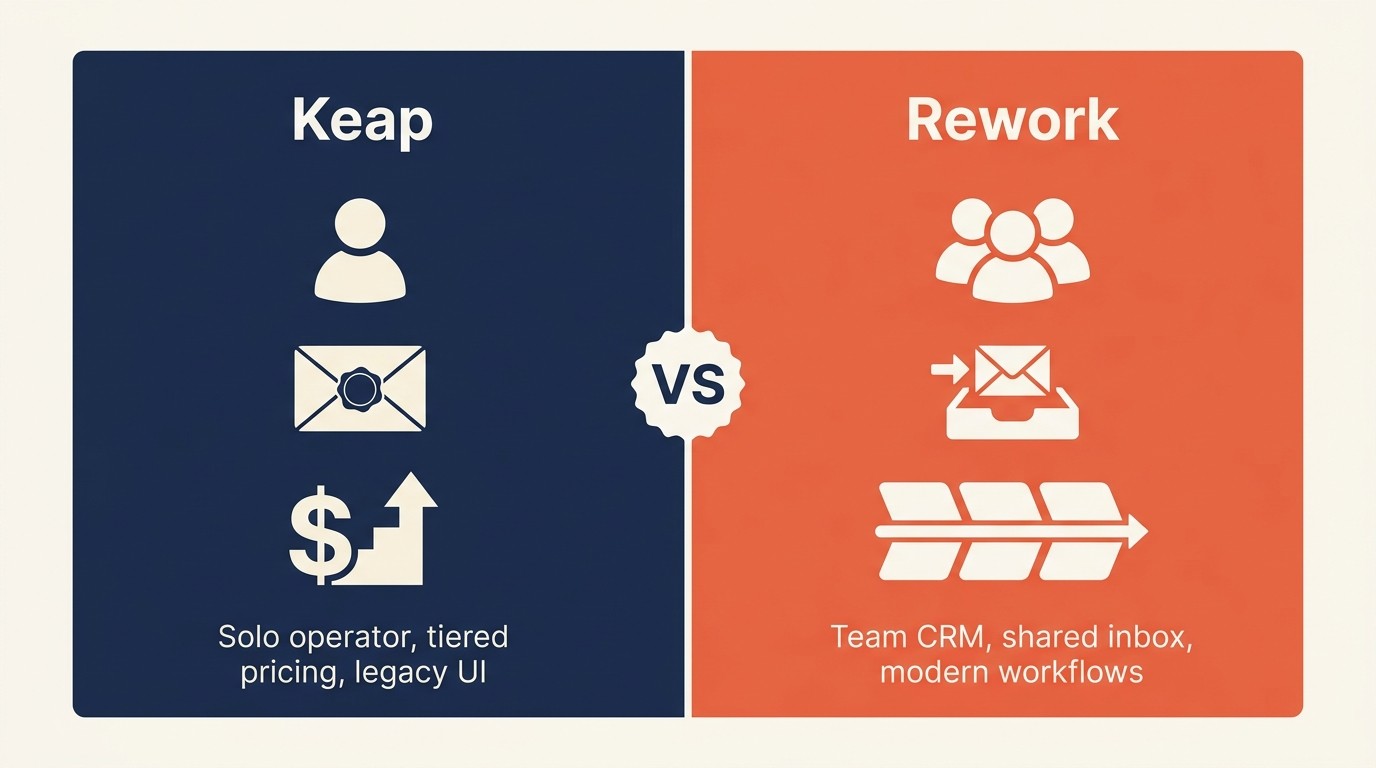 Rework vs Keap side-by-side comparison showing multi-rep pipeline, unified inbox, and cross-team workflows for growing operations