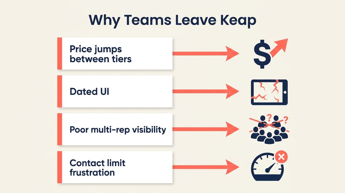Eight common pain points that drive teams to leave Keap — pricing jumps, dated UI, weak multi-rep pipeline, contact limits, and poor team collaboration