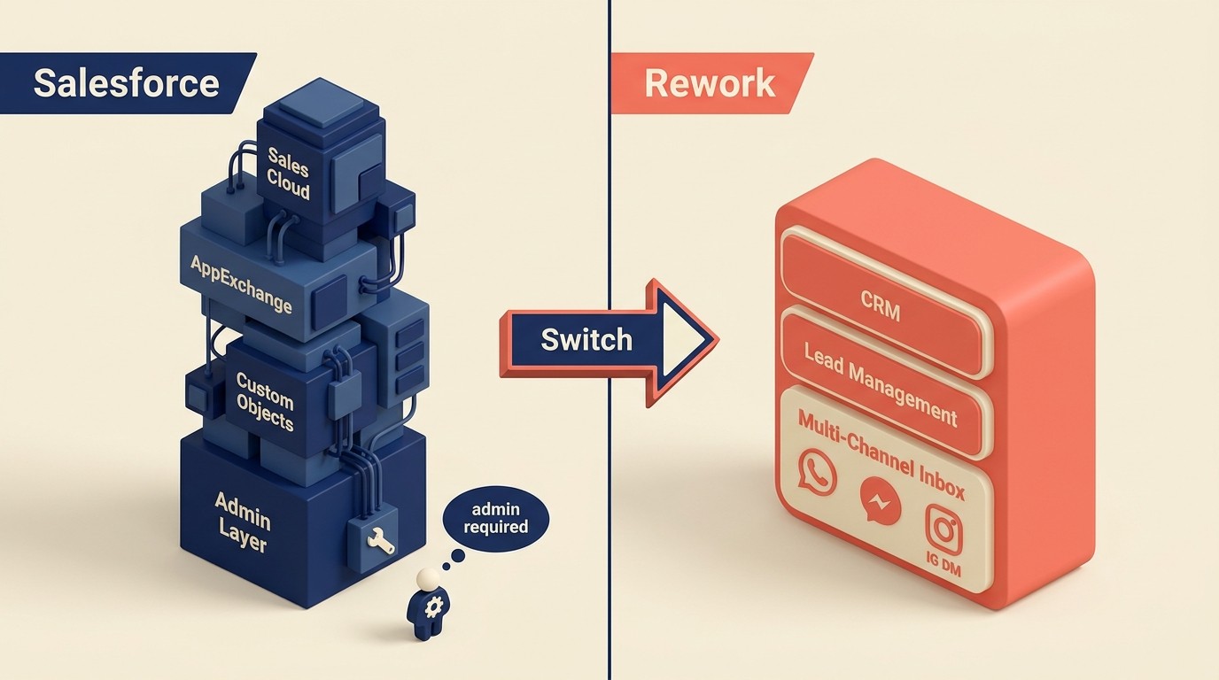 Rework vs Salesforce side-by-side comparison showing multi-channel inbox, lead distribution, and pipeline management differences