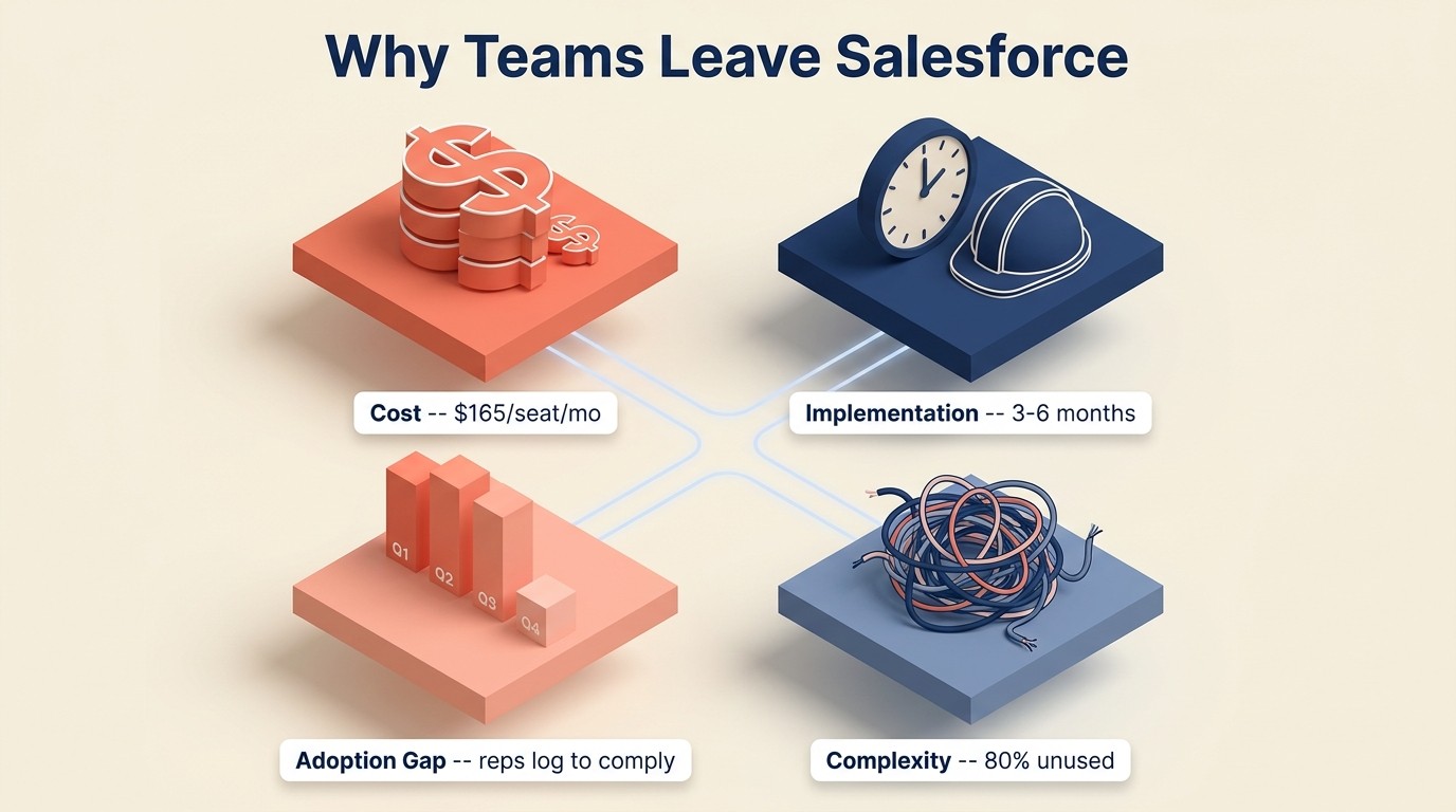 Top reasons mid-size teams leave Salesforce: cost, implementation overhead, adoption gap, and overkill complexity