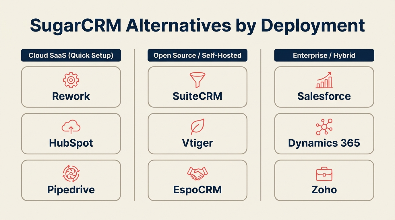 CRM alternatives at a glance — 10-row comparison matrix with tool, best-for, starting price, and key strength