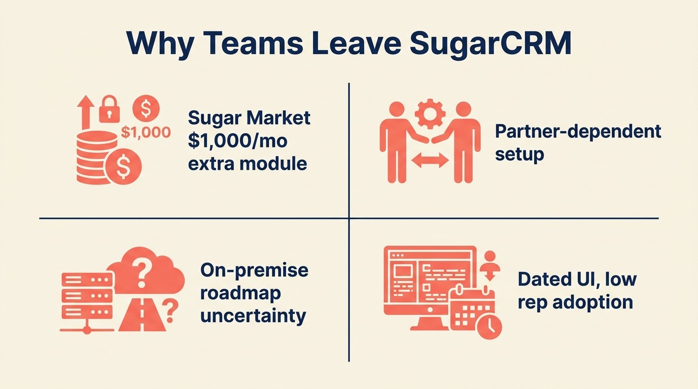 Why teams leave SugarCRM — four pain points: extra module pricing, partner-dependent setup, on-premise roadmap uncertainty, dated UI and low rep adoption