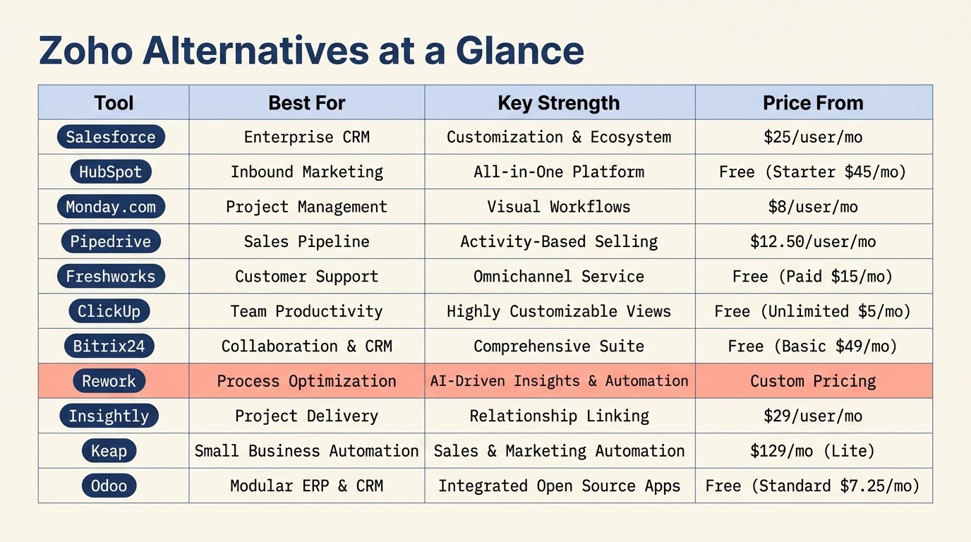 Eleven-tool CRM alternatives comparison matrix showing best-fit stage, pricing, and key strengths for Zoho replacements