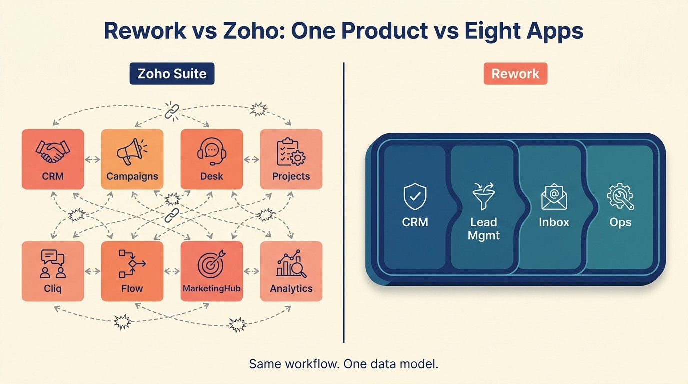 Rework vs Zoho side-by-side feature comparison showing unified CRM, multi-channel inbox, and lead management differences