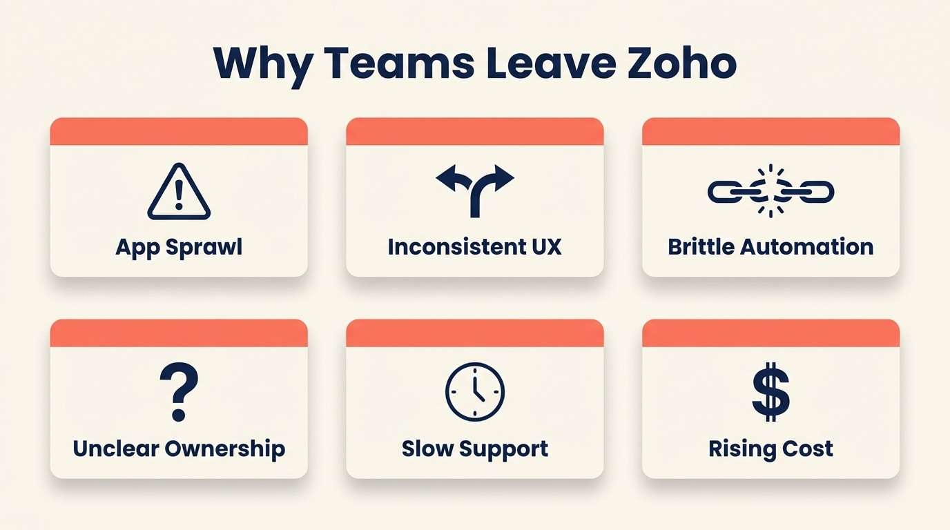 Six common reasons mid-size teams leave Zoho: app sprawl, inconsistent UX, slow support, brittle automation, rising costs, and data silos