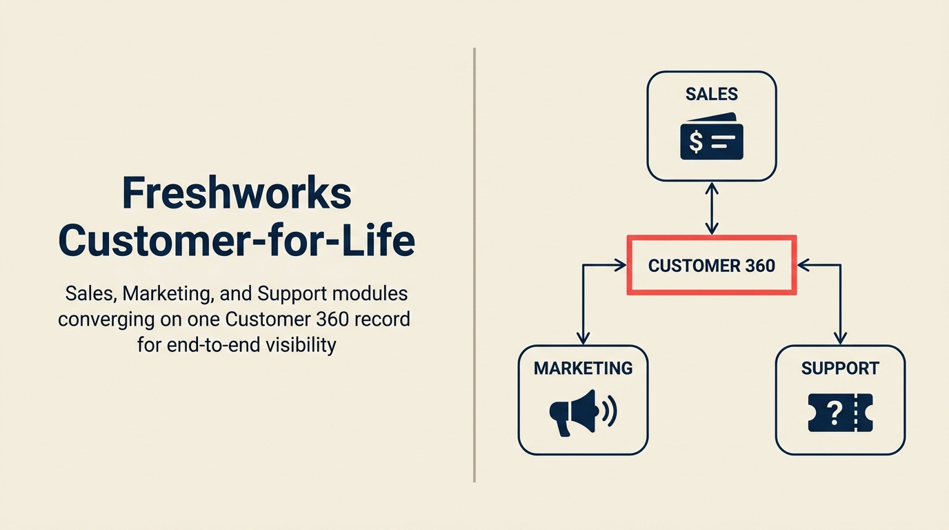 Freshworks Customer-for-Life Suite — Sales, Marketing, and Support modules converging on one Customer 360 record