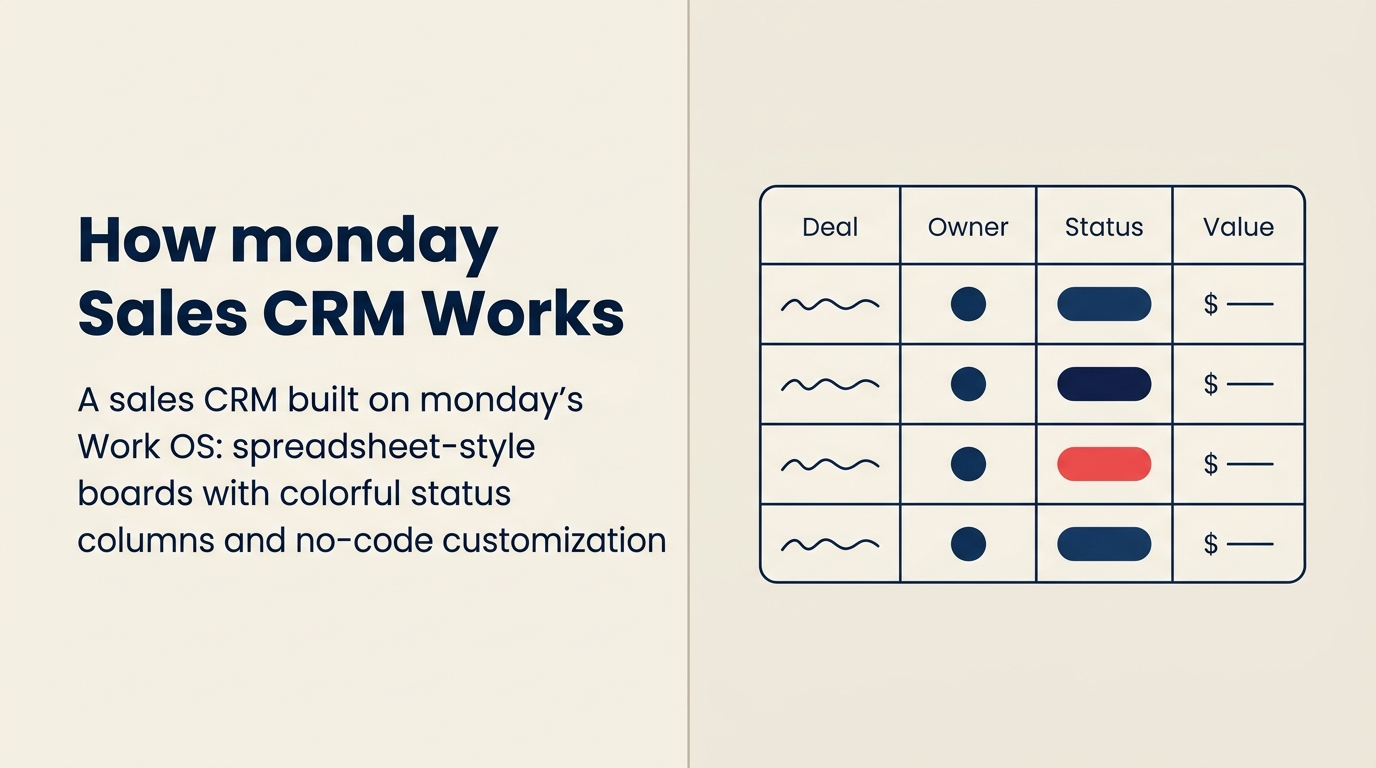monday Sales CRM — spreadsheet-style board with colorful status columns and no-code customization on Work OS