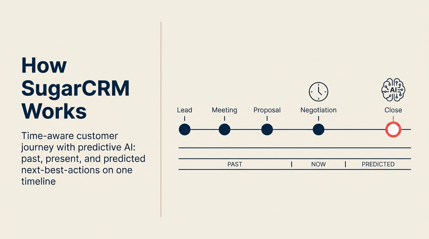 SugarCRM time-aware customer journey — past present and predicted next-best-actions on one timeline with SugarPredict AI