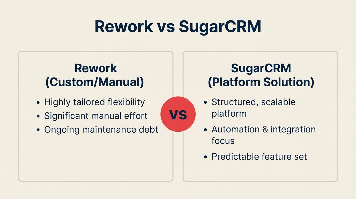 Rework vs SugarCRM comparison, unified mid-market CRM with lead management and chat vs enterprise customizable CRM with SugarPredict AI
